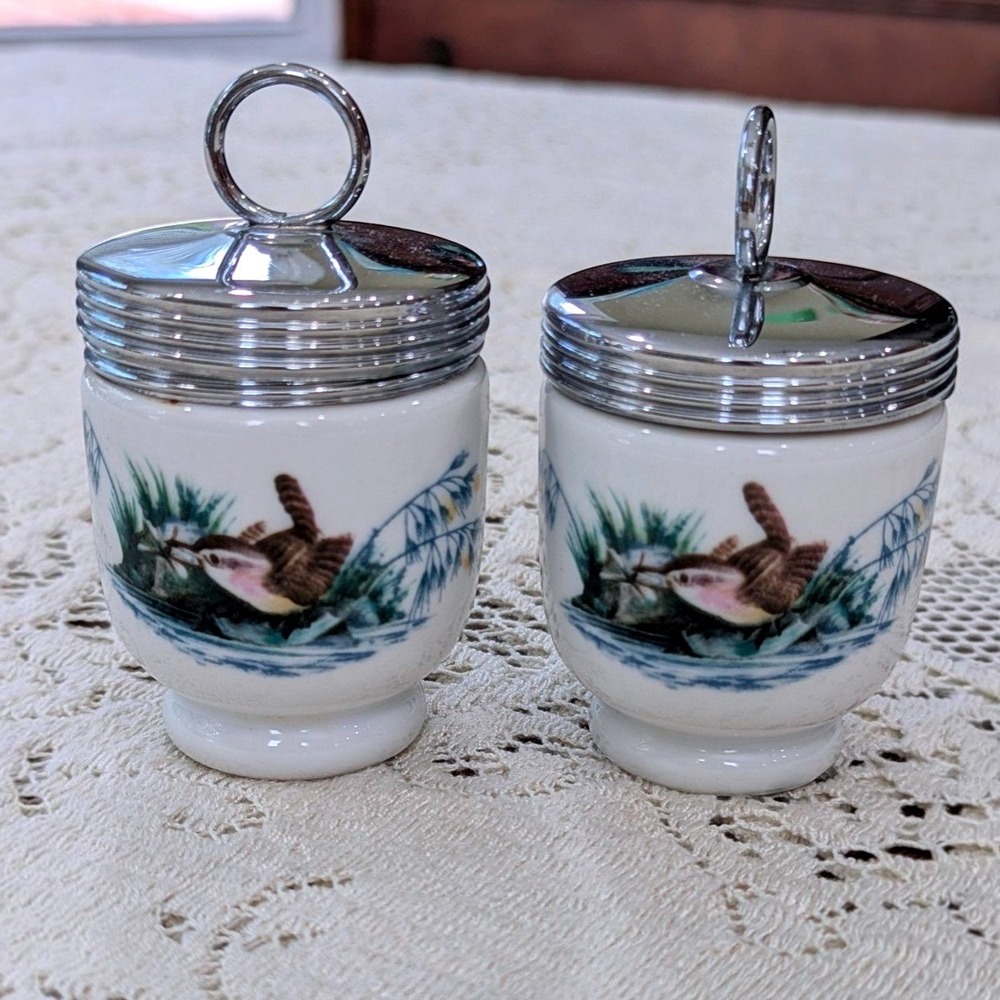Vintage Egg Coddlers Set of 2 Royal Worcester White Bird Pattern Made in England